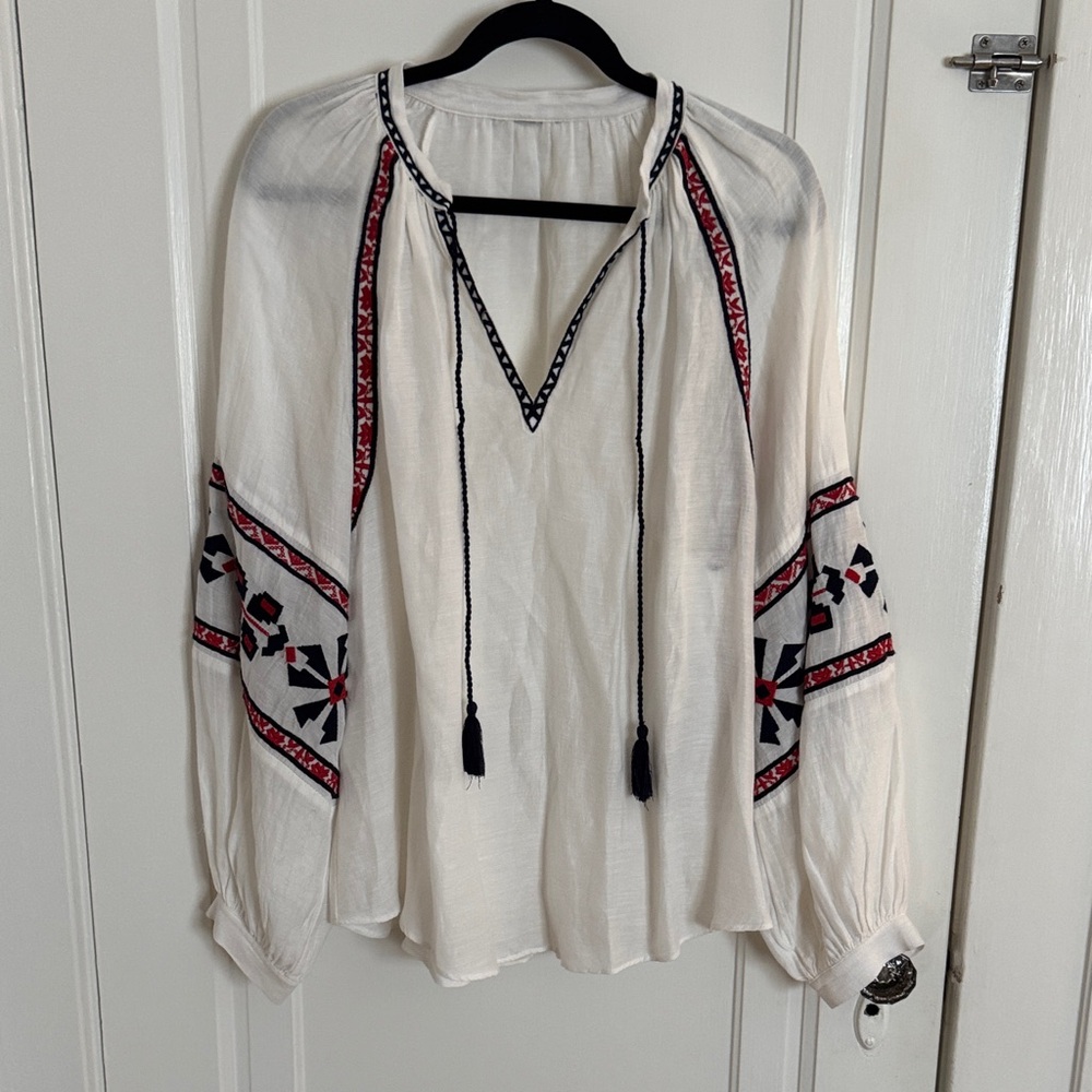 Boho Embroidered Peasant Blouse - White with Red & Black Accents - Picture 2 of 9